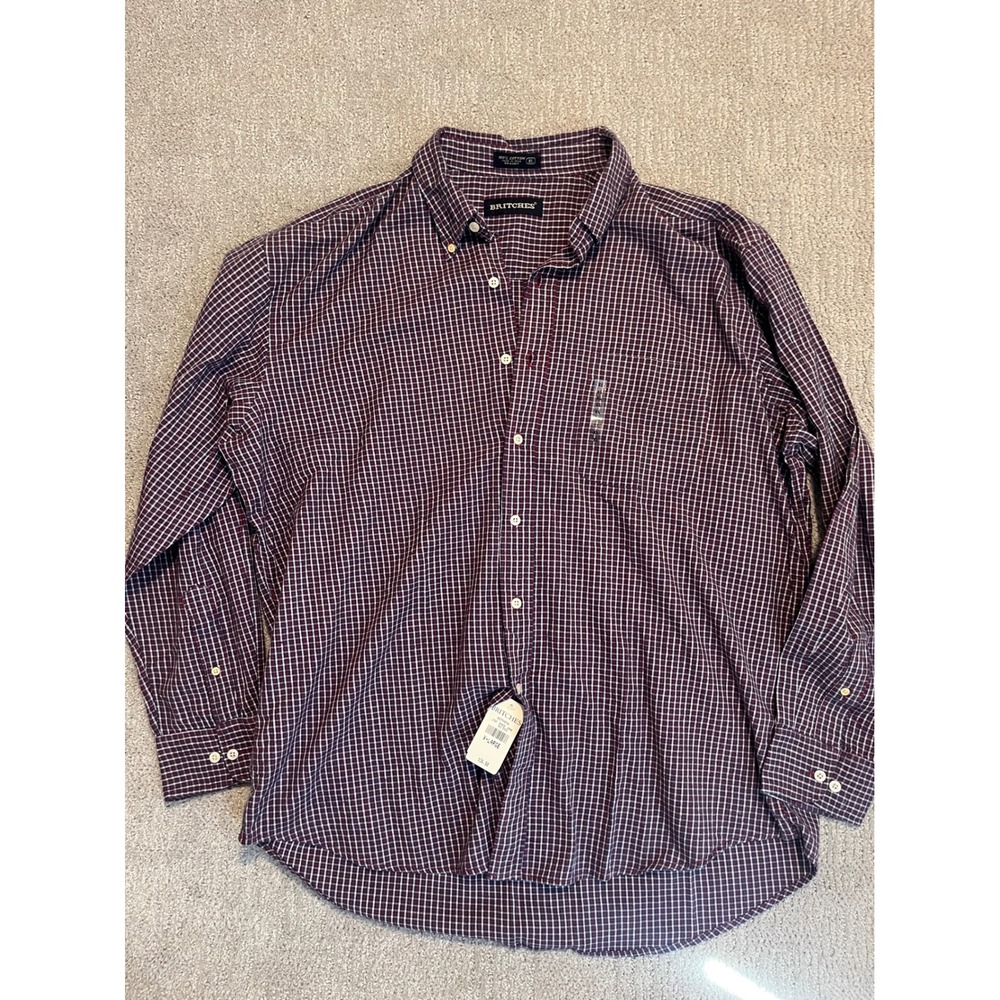 New NWT Britches Mens XL Button Down Shirt Burgundy red Navy Blue Plaid‎ Cotton